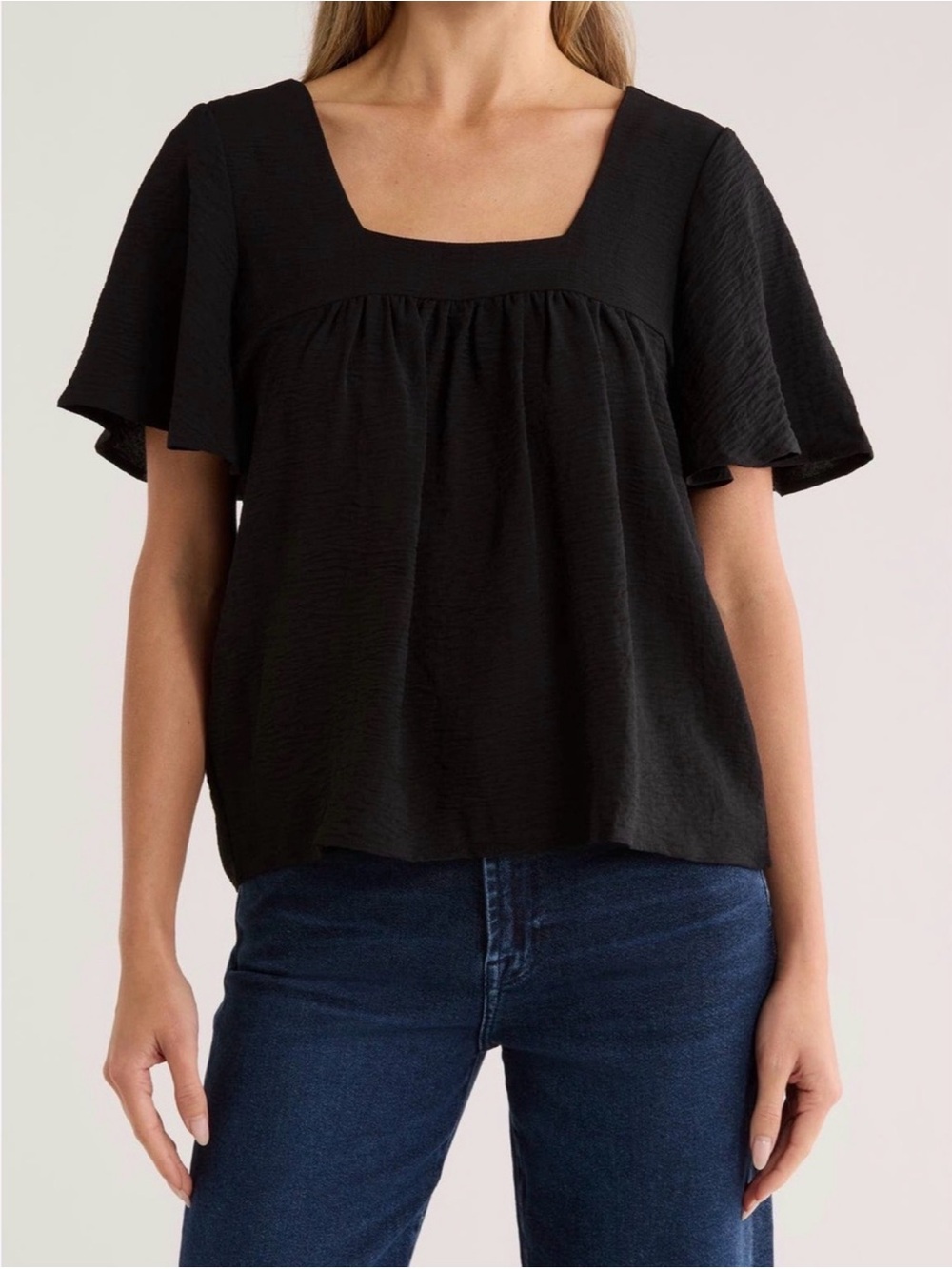 Black Square Neck Flutter-Sleeve Blouse